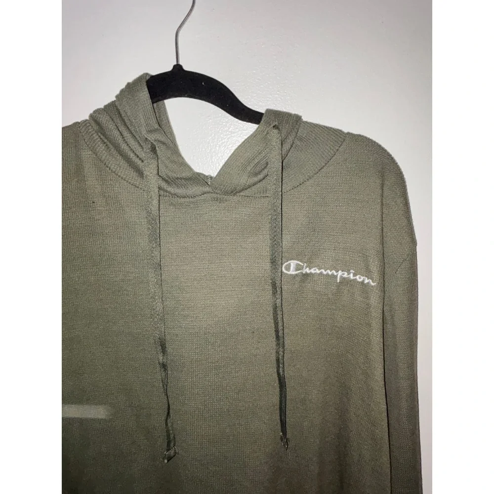 Champion Hoodie Womens Sz L Olive Green Excellent Cropped Waffle Knit Sweatshirt - Picture 2 of 5